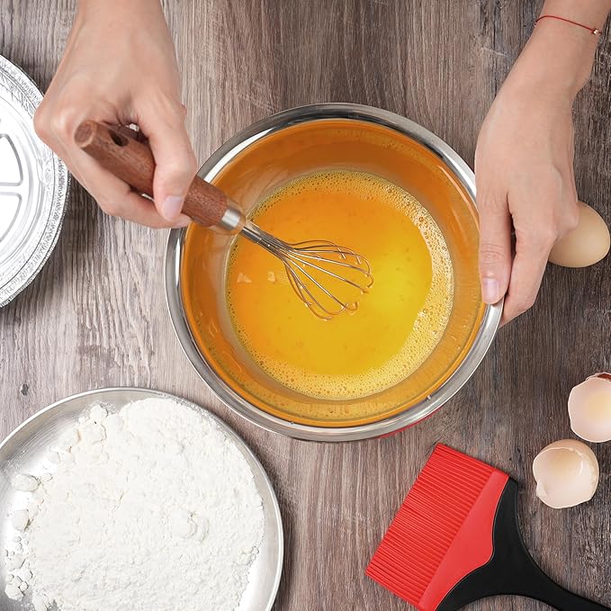 Stainless Steel Wire Cooking Whisk, Multi Function Kitchen Hand Whisk Non Stick Balloon Whisk Egg Beater for Blending Whisking Beating Frothing Stirring Batters,Wooden Handle (11""L x 2.1""W)