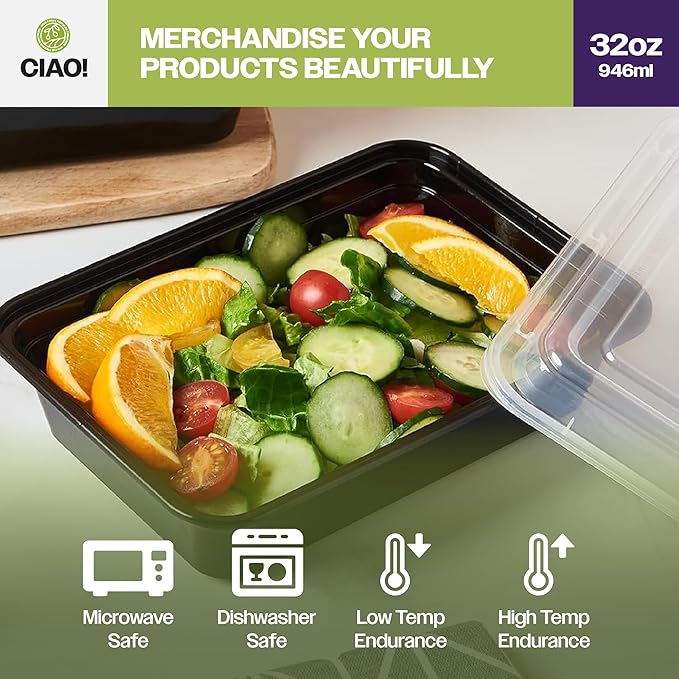 CIAO! Heavy Weight 32oz Injection Molded Microwavable Black Rectangular Food Container with Lid (150/case)