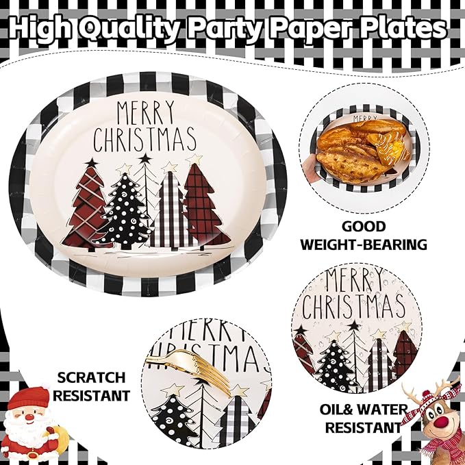 WDF 50Pack Christmas Paper Plates - 10"x12" Christmas Tree Plates Christmas Oval Paper Checkered Plates - Dinner Size Large Disposable Platter Heavy Duty for Happy Christmas Serving