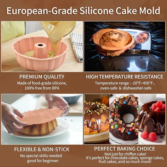 PADELE 2 Pack Silicone Cake Pan Nonstick,10 Inch, Silicone Cake Molds,Pound Cake Pan, Baking for Jello,Gelatin,Cake,Brownie and Bread (Grey+Blue)