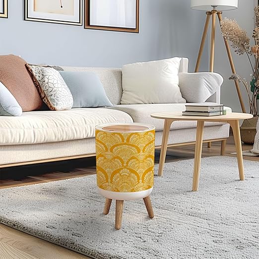 Trash Can with Lid seamless repeat abstract bohemian geometric white mustard yellow Press Top Round Small Garbage Bin with Wooden Legs Waste Basket for Kitchen Bedroom Nursery 7L/1.8 Gallon