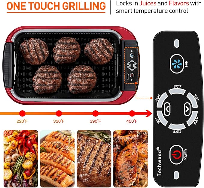Indoor Smokeless Grill, Techwood 1500W Electric BBQ Grill with Temperature Control, Korean Grill Removable Non-Stick Grill & Griddle Plates, Tempered Glass Lid, Red