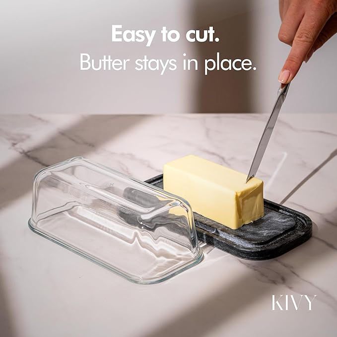 KIVY Butter Dish (Black Marble & Glass) - For countertop and refrigerator door shelf - Marble butter keeper - Stone butter dish with lid - Dishwasher Safe