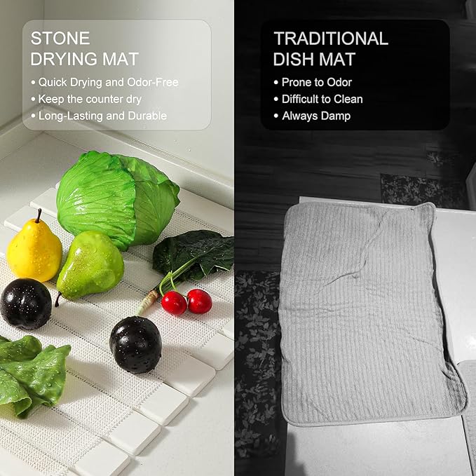 Large Stone Drying Mat for Kitchen Counter, 24''L x 16''W Diatomaceous Earth Collapsible Dish Drying Mat, Quick Drying Mat, Glasses and Flatware, Matches Any Countertop (Light Gray, 24'' x 16'')