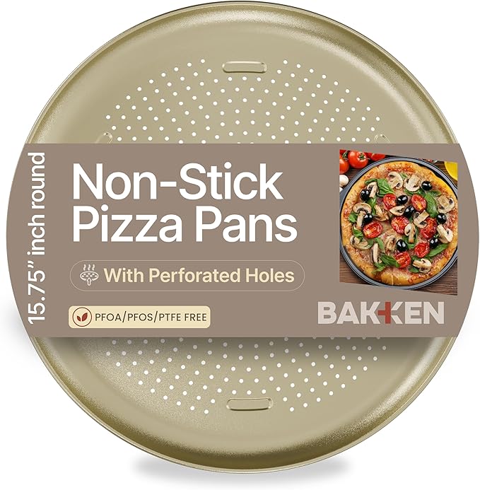 Bakken 16 Inch Non-Stick Pizza Pan 1 Pack, Round Carbon Steel Pizza Tray with Perforated Holes, PFOA, PFOS, & PTFE-Free, Dishwasher & Oven Safe Up To 450°F, Durable Nonstick Coating, Gold