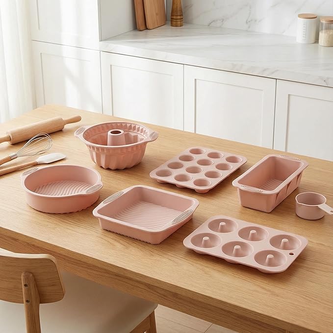 Nonstick Silicone Bakeware Set, 6 set Baking Cake Pan, Economical BPA Free Heat Resistant Bakeware Tools for DIY Loaf Bread Cheesecake Pizza Cupcake Muffin (Pink)