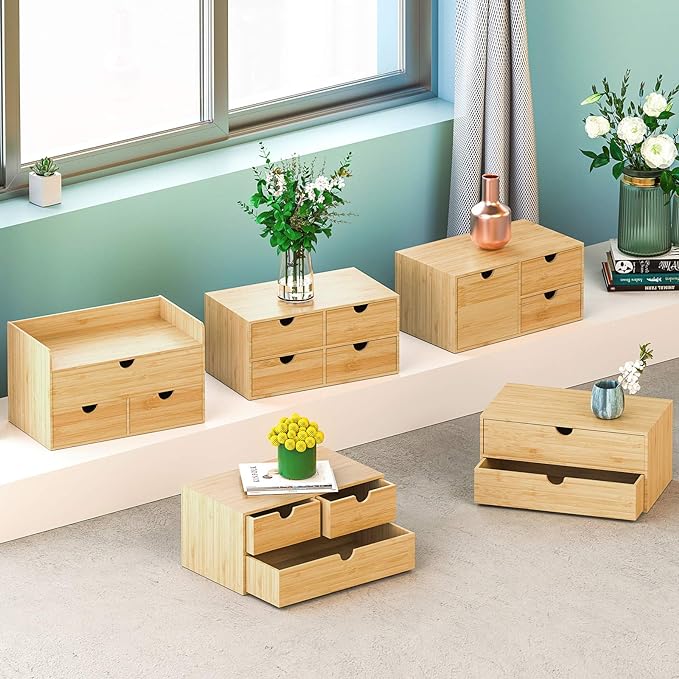 Wisuce Bamboo Desk Drawer Organizer, Desktop Organizer with Drawers Tabletop Storage Organization Box for Office Home Toiletries Supplies Vanity, No Assembly Required(3 Drawers-up down)
