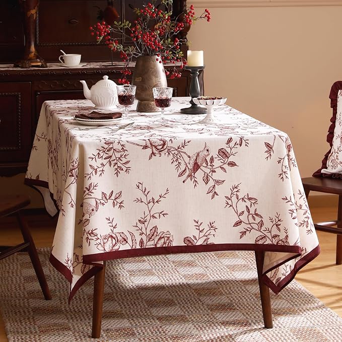 ISAENNE Designer Vintage Linen Rectangular Tablecloth,Red Floral Pattern Linen Stain Resistant Table Cloth,Decor Tablecloths for Dining Thanksgiving Kitchen Tea Party,55"*87"-Harmony