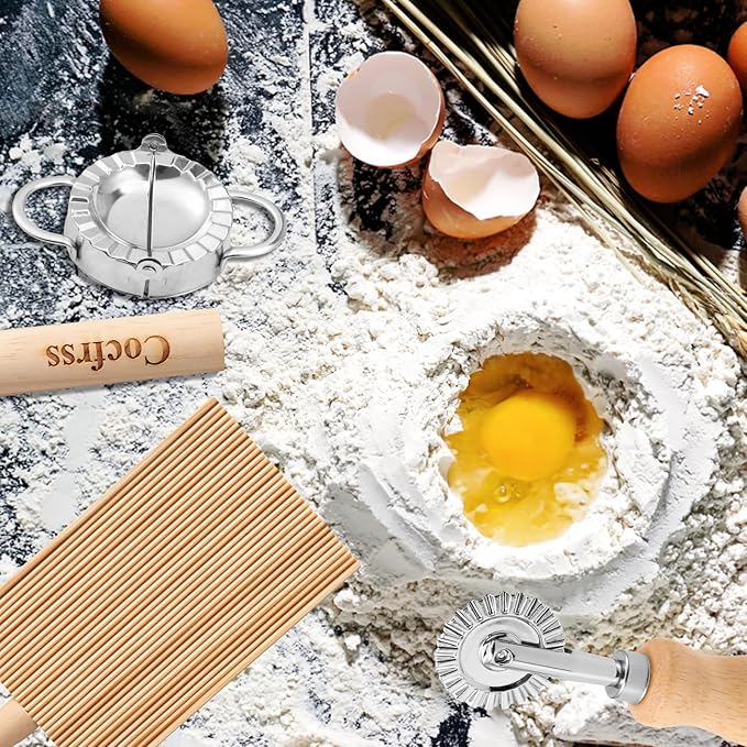 7 Pcs Potato Ricer & Gnocchi Board Kit with Dough Scraper, Ravioli Cutter, Empanada Press, Round Ravioli Mold, Ravioli Rolling Pin, Stainless Steel Ricer for Mashed Potatoes