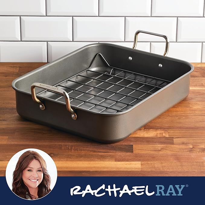 Rachael Ray Bakeware Nonstick Roaster/Roasting Pan with Reversible Rack, 16.5 Inch x 13.5 Inch, Gray
