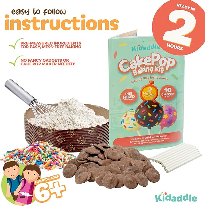 Kidaddle DIY Cake Pop Kit for Kids – Chocolate Drizzle | Kid Baking Kit with Premeasured Ingredients, Decorating Supplies | Made in USA | Certified Kosher | Christmas Kids Gift for Girls & Boys