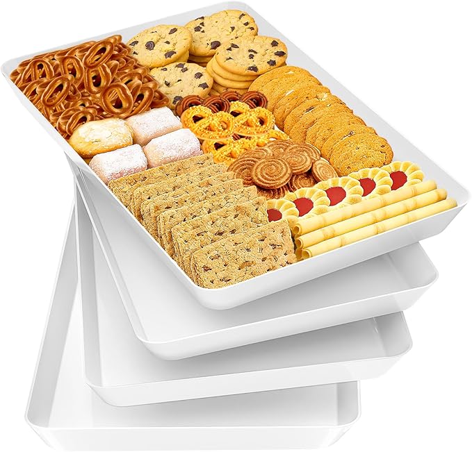 SpaceTrove 4-Pack Serving Tray Set, Reusable Plastic Serving Platter for Party Supplies, Entertaining, Grilling Accessories, Stackable Kitchen Snack Box Container for Dessert, Fruit, Cookie, (White)
