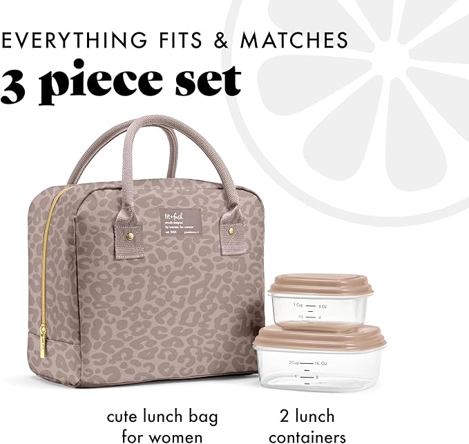 Fit & Fresh Bloomington Lunch Bag for Women - Insulated Large Lunch Box for Work with Containers, Leak-Resistant, Stain-Resistant, Zipper Closure, Mocha Feline Fine