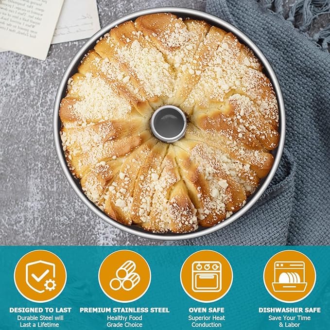 E-far Angel Food Cake Pan Set of 2, 10-Inch Stainless Steel Tube Pan for Baking Pound Chiffon Cake, One-piece Design & Non-toxic, Dishwasher Safe
