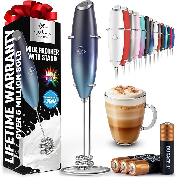 Zulay Kitchen Patented Tornado Triple Whisk Milk Frother with 4 Duracell Batteries – Handheld Foam Maker for Coffee, Lattes, Matcha & Hot Chocolate – Rich, Creamy Froth in Seconds - Sea Depth
