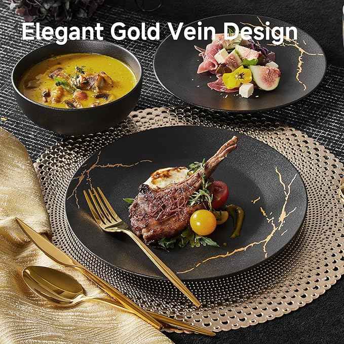 KINGSTONE Porcelain Dinnerware Sets for 4 Plates and Bowls Sets 12 Piece Matte Black Gold Vein Dish Set Scratch Resistant Dinner Salad Plate Dishware for Family Wedding Party Daily