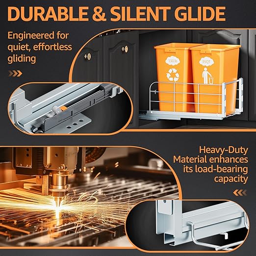 Double Pull Out Trash Can Under Cabinet with Soft Close Slides 130LB Heavy Duty Under Sink Trash Bin Kit with Door or Base Mount, Fits 16" W x 23" D Cabinet, Trash Can Not Included