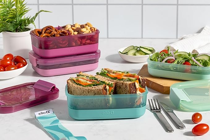 Ello 2-Pack Lunch Stack Plastic Food Storage Container Bento Box with Airtight, Leak-Proof Locking Plastic Lids and Silicone Base, BPA-Free, Freezer, Microwave, and Dishwasher Safe, Raspberry