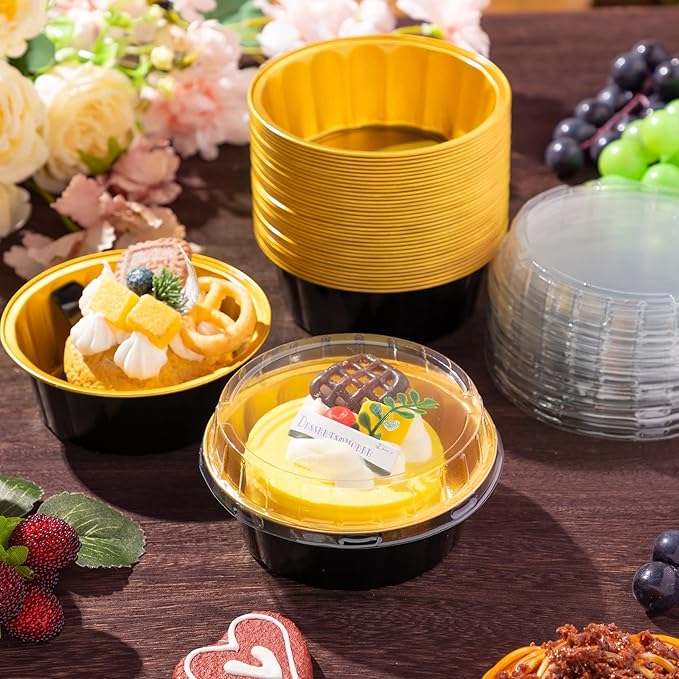 Tessco for you 200 Pcs Disposable Ramekins with Lids 8 oz Creme Brulee Ramekin Aluminum Foil Cup Cupcake Liner Baking Valentines Disposable Muffin Tin Pan Cheesecake Container (Black,Gold,Silver)