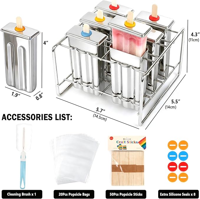 Popsicle Molds Set 6 Pieces Stainless Steel Ice Popsicle Maker, Homemade Popsicle Molds with 50 Sticks, 20 Bags, 14 Silicone Seals, 1 Cleaning Brush & 1 Stand, DIY Ice Pop Mold Maker for Kids (Square)