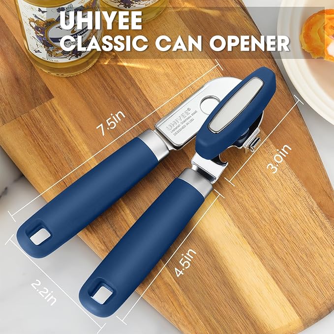 Manual Can Opener, UHIYEE Handheld Can Opener Heavy Duty with High Carbon Sharp Blade, Ease Can Open for Seniors with Comfort Grip Handles, Oversized Turn Knob, Blue