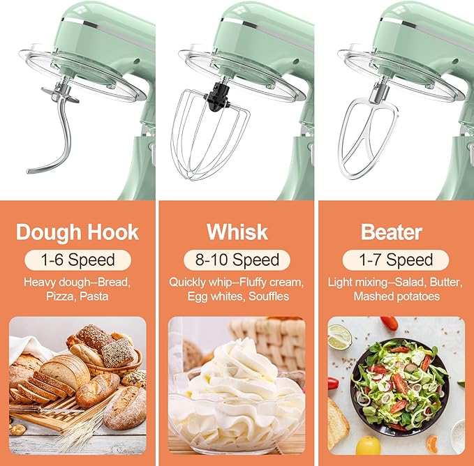 CEBORY 3-IN-1 Electric Stand Mixer, 6.5QT Bowl 660W 10-Speed Kitchen Mixer, Household Food Mixers include Dough Hook, Beater and Whisk, Bread Cake Mixer for Baking and Most Home Cooks, Agave Green