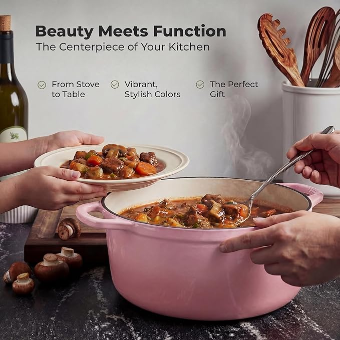 Zulay Kitchen 7.7 Quart Enameled Cast Iron Dutch Oven Pot with Lid – Premium Durability & Oven Safe up to 500°F – Heavy Duty Cookware Perfect for Bread Baking, Stews, Braising & Roasting – Pink