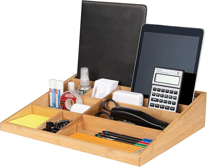 Theodore Bamboo Desk Organizer, 10 Compartment Desktop Organizer for Office Supplies, Mail, Pens and Notebooks, Wooden Countertop Organizer for Home Office Desk