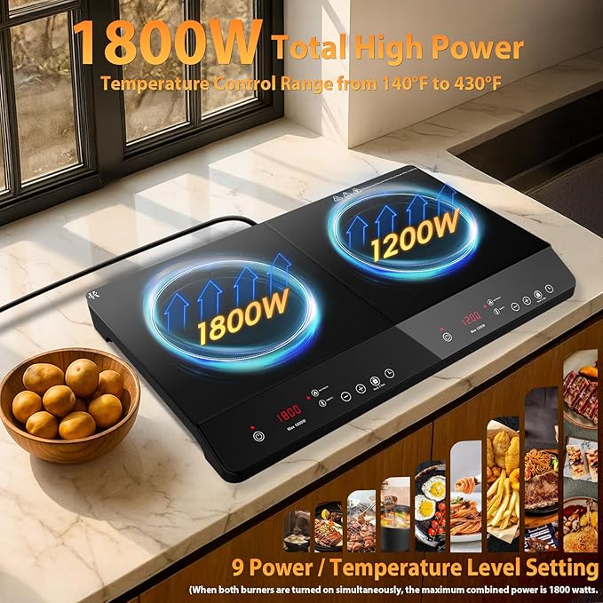 Double Burner Induction Cooktop, 1800W Portable Induction Cooktop 2 Burner with 9 Temp & Power Independent Touch Control, Electric Stove Top Cooker with Safety Lock, 3 Hour Timer