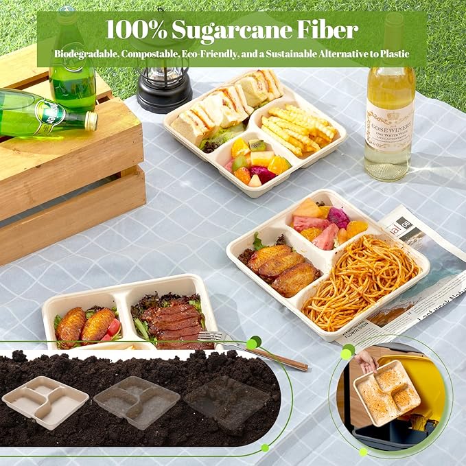 [100% Eco-Friendly] 3 Part Compartment Disposable Food Containers with Lids - Sugarcane Pulp Take Out Boxes, Biodegradable, Compostable, Microwave Safe Lunch Containers - Pack of 50 (Large)