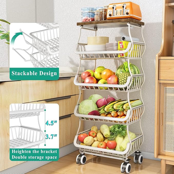 SAYZH Fruit Basket Kitchen Pantry Organizers and Storage - Wooden Top Table, Stackable Metal Wire Basket Stand Cart for Fruit Vegetable Snacks Onion Potato Organization (White, 5 Tiers)