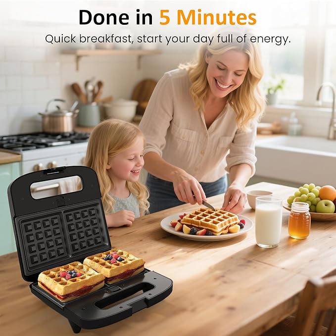 3 in 1 Waffle, Grill & Sandwich Maker, Sandwich Maker Panini Press Waffle Iron Set with Removable Non-Stick Plates & Indicator Lights, Panini Press Grill for Breakfast, 800W, Black