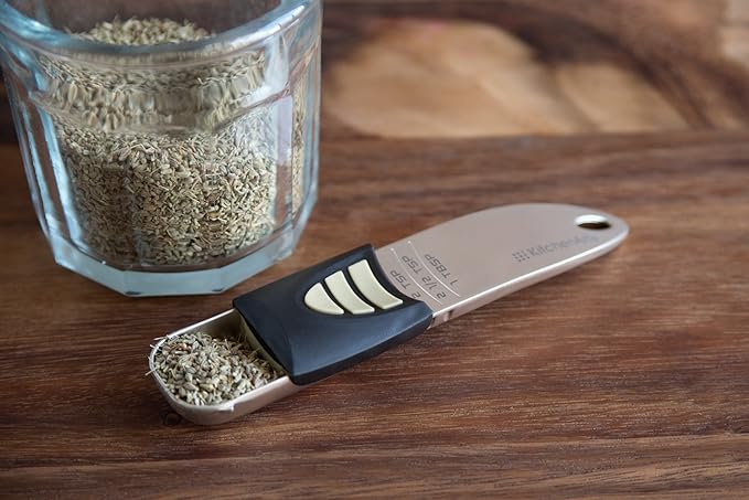 KitchenArt Professional Series Tablespoon, Champagne Satin Measuring Spoon, Adjustable from 1/2 Teaspoon to 1 Tablespoon, White & Black