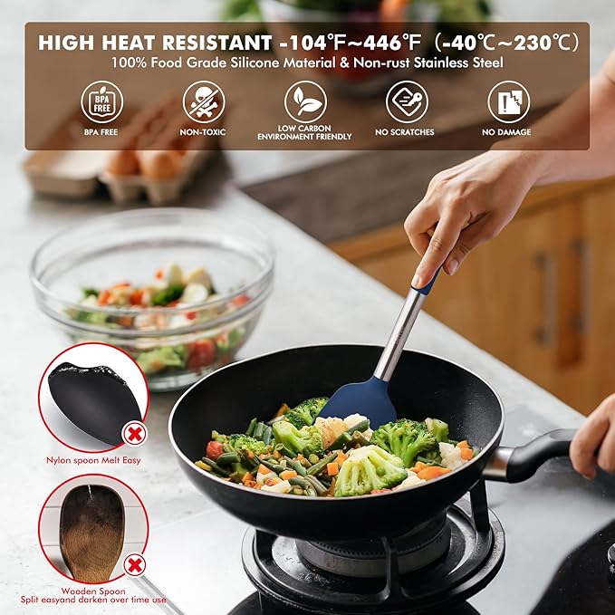 HOTEC 446°F Heat Resistant Silicone Kitchen Utensils, BPA Free Cooking Utensil Set, Spatula Set, Kitchen Gadgets, with Stainless Steel Utensils Holder, Dishwasher Safe, 14pcs Classic Blue