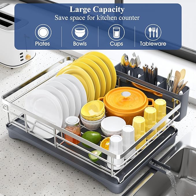 SNTD Dish Drying Rack for Kitchen Counter - Stainless Steel Dish Rack with Drainboard, Large Dish Drainer with Utensil Holder for Sink, Silver
