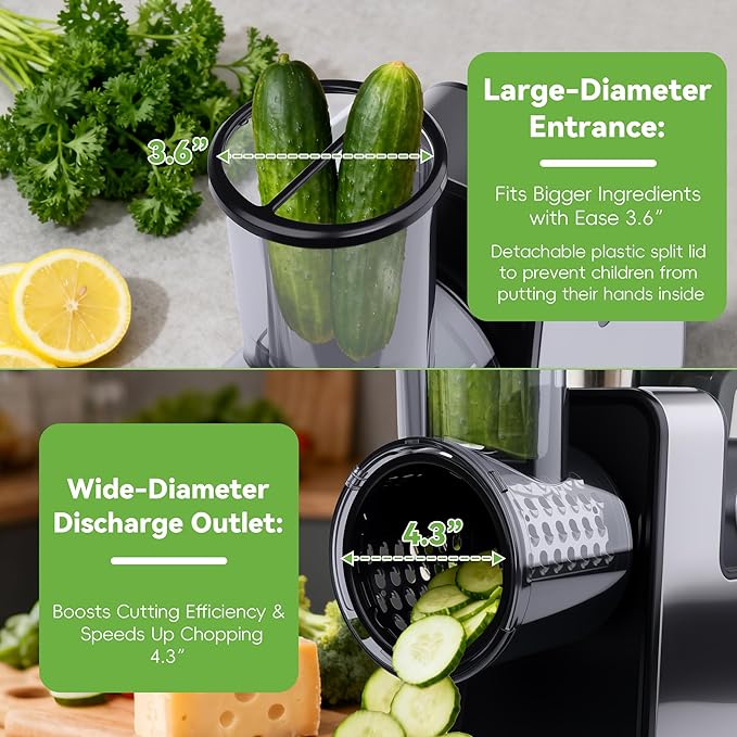 Electric Cheese Grater 7 in 1, Stainless Steel Salad Shooter, Food Slicer Shredder Chopper with Rotary Switch, 300W, for Block Cheese Vegetables Cucumber Carrots