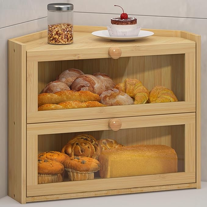 JANSNIMEN Bamboo Corner Bread Box for Kitchen Countertop, Large Bread Container Storage Bamboo Wooden Farmhouse Bread Box with Window Bread Holder