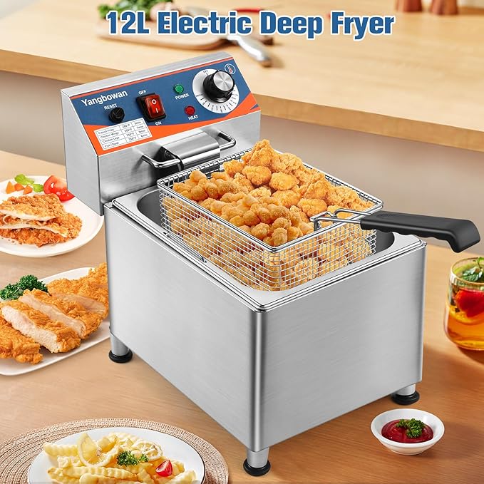 12L Commercial Deep Fryer,1800W Deep Fryer with Basket,Adjustable Temperature,Lid,Stainless Steel Body DeepFryer Pot,Electric Coumtertop Fryer for Commercial Restaurant Home Use