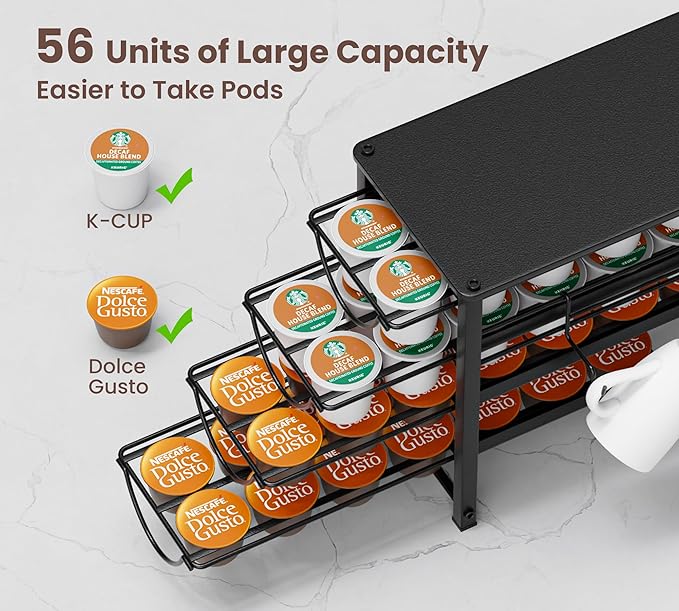 HFHOME Coffee Pod Organizer for Countertop, 4-Tier Metal Storage Drawer, Holds 56 Capsules, Coffee Station Holder for Kitchen, Office, or Home, 3 cup rack, Black