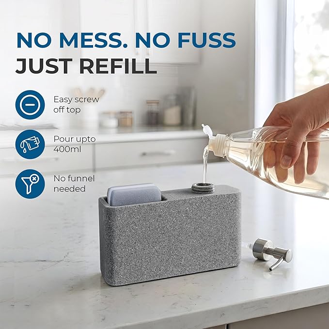 Havara Kitchen Soap Dispenser with Sponge Holder for Kitchen Sink, Hand Soap Pump & Kitchen Sink Organizer, Granite Resin Non-Slip Countertop Caddy, Stone Gray