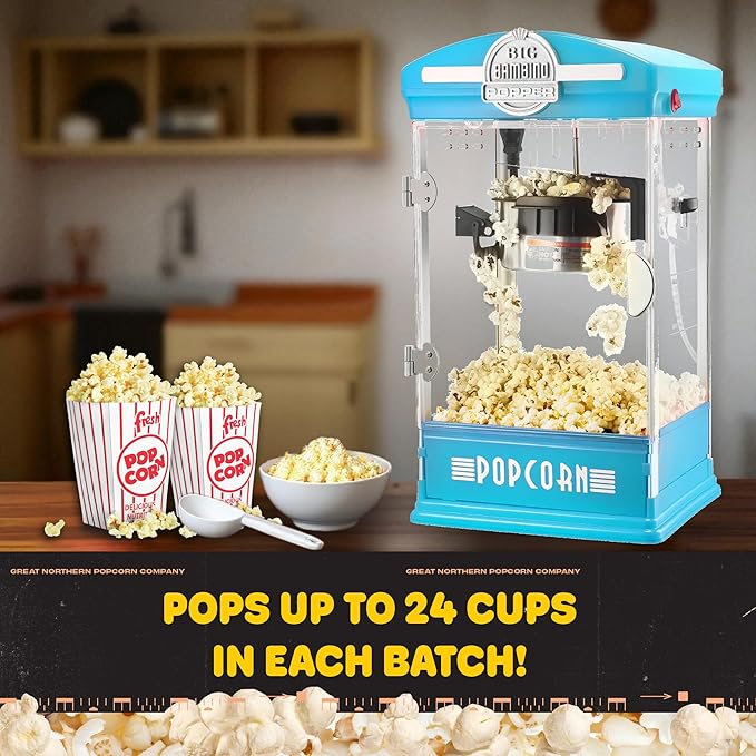 Big Bambino Popcorn Machine - Old-Fashioned Popcorn Maker with 4-Oz Kettle, Measuring Cups, Scoop, and Serving Cups by Great Northern Popcorn (Blue)