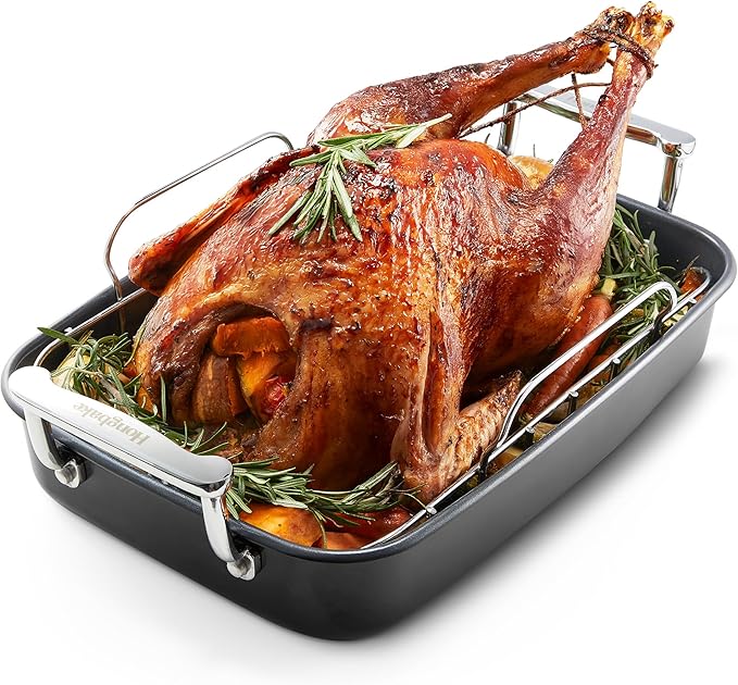 HONGBAKE Roasting Pan with Rack, 17.6×11 Inch Nonstick Roaster Pan for 17 lb Turkey, Chicken and Lasagna, Deep Turkey Pan for Oven, Heavy Duty Oven Roaster Tray, Wider Handles, Gray