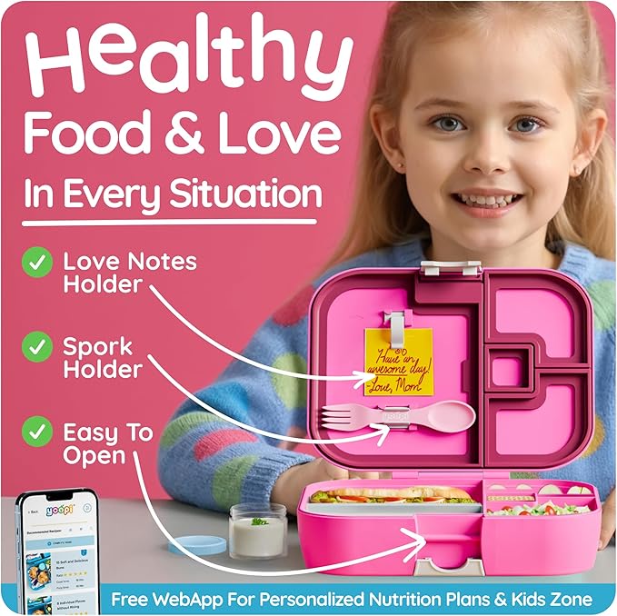 YOOPI Lunch Boxes for Kids–Toddler Bento Box with 4 Leakproof Compartment Food Bentobox Container,Lunch Box for School with Lunchbox Containers, Lightweight Sandwich Box & Snack Box (Fuchsia)