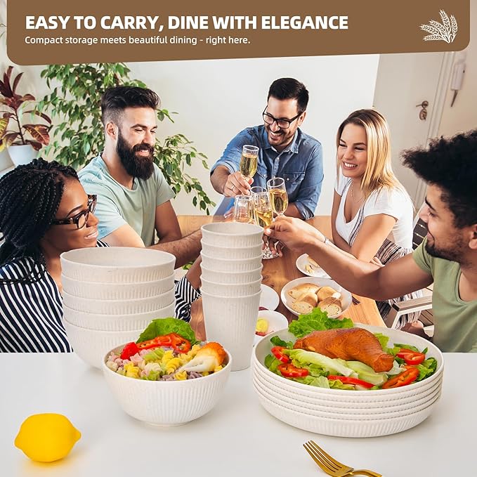 Wheat Straw Dinnerware Sets for 6 - Lightweight & Unbreakable Cups Plates and Bowls Sets Microwave 18 pcs Dinnerware Set for Kitchen, Travel & Camping Beige