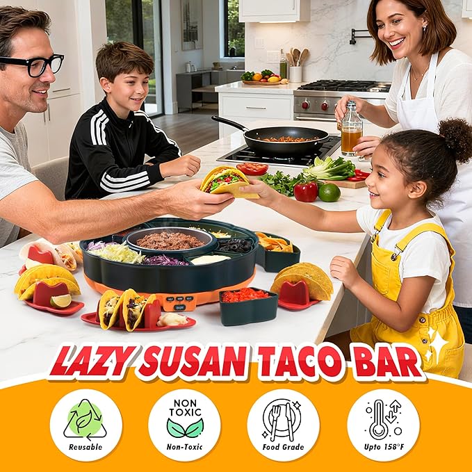 Taco Tuesday Kit - Taco Bar Serving Set for a Party with 33oz Heated Pot, 4 Taco Holders, Detachable Lazy Susan Tray, Perfect for Parties, Nachos Taco Night Fiesta Unique Couple & Housewarming Gift