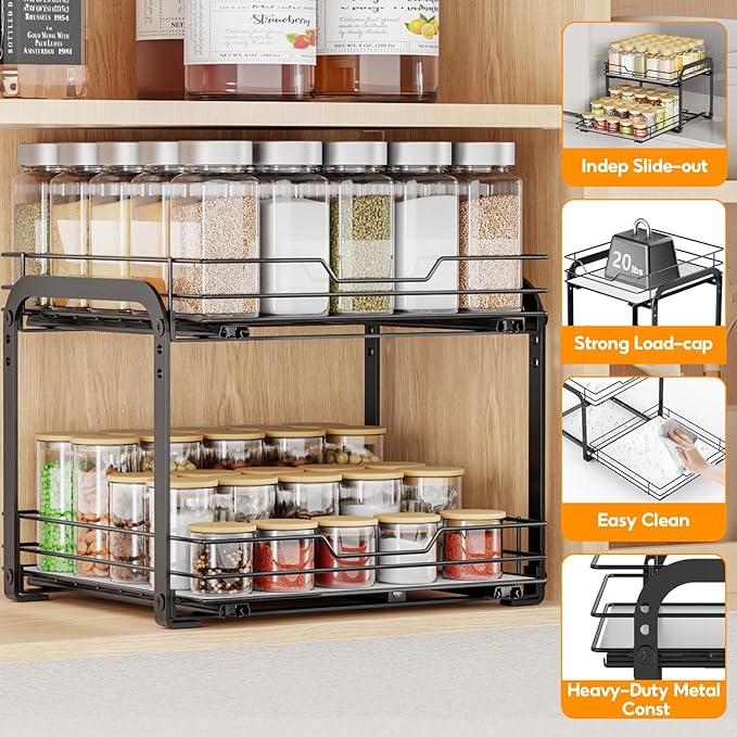 Spice Rack Organizer for Cabinet, 2 Tier Vertical Pull Out Spice Rack – Heavy Duty Metal Spice Organization for Cabinet, 60-Jar Capacity, Height Adjustable Cabinet Organizer, 13.58''Wx10.5''Dx9.5''H