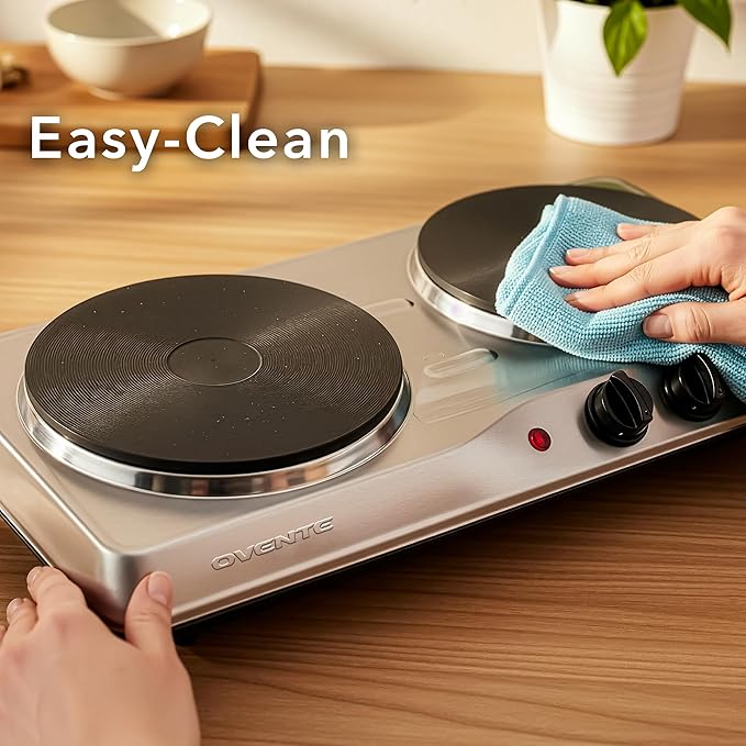 OVENTE Electric Countertop Double Burner, 1700W Cooktop with 7.25" and 6.10" Cast Iron Hot Plates, Temperature Control, Portable Cooking Stove and Easy to Clean Stainless Steel Base, Silver BGS102S