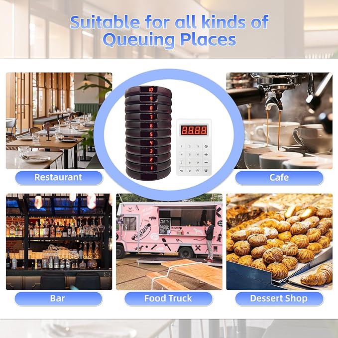 Restaurant Buzzer System, 10 Coaster Beeper Pager System with Buzzer, Customer Queue Pagers Set with Vibration, Flashing and Buzzer, for Food Truck, Church, Nursery