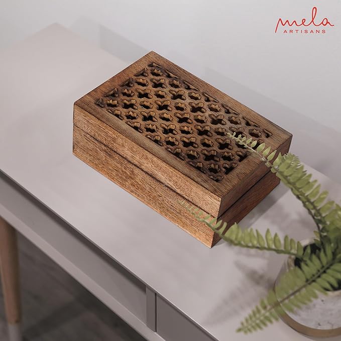 Mela Artisans 9” x 6” x 3.5” Mango Wood Box with Lid – Trellis Medium Burnt – Handcrafted Keepsake Box – Large Storage for Jewelry & Home Décor Accents