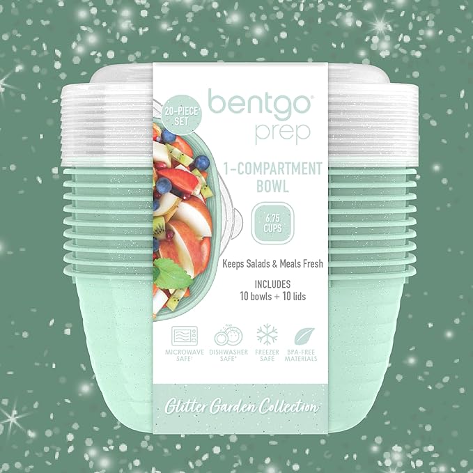 Bentgo Prep - 1-Compartment Bowls with Custom Fit Lids - Reusable, Microwaveable, Durable, PFAS & BPA-Free, Freezer and Dishwasher Safe Meal Prep Food Storage - 10 Bowls & 10 Lids (Sage Leaf Glitter)